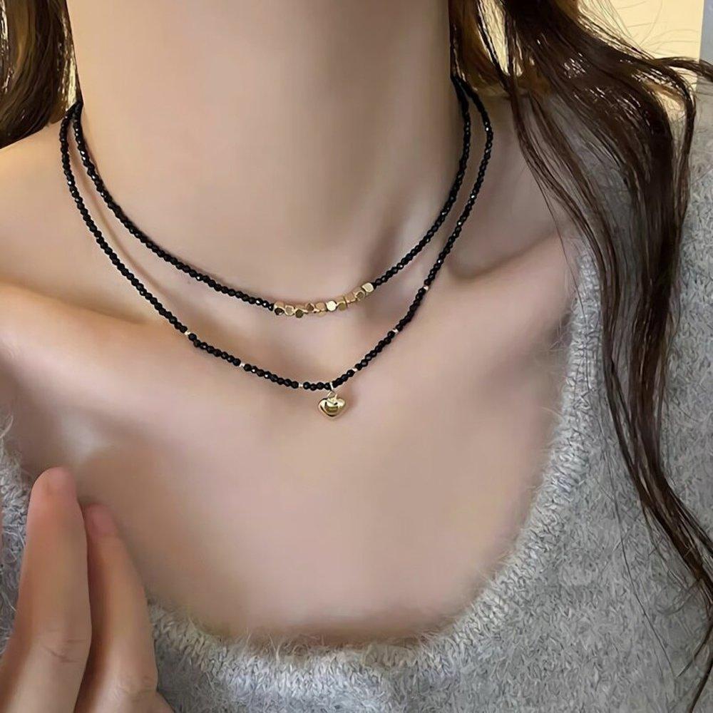 

Women s Black Bead Chain Silver Heart Drop Necklace Silver / Size: Heart