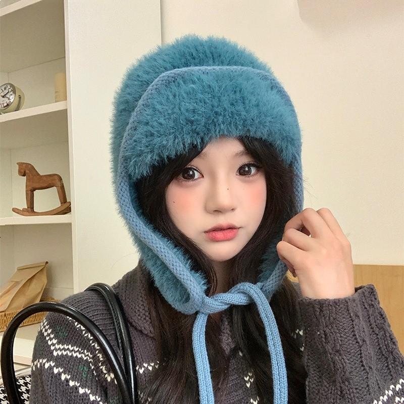 Knitted Winter Hat With Plush Ear Cover For Outdoor Cold Weather Fashion Style