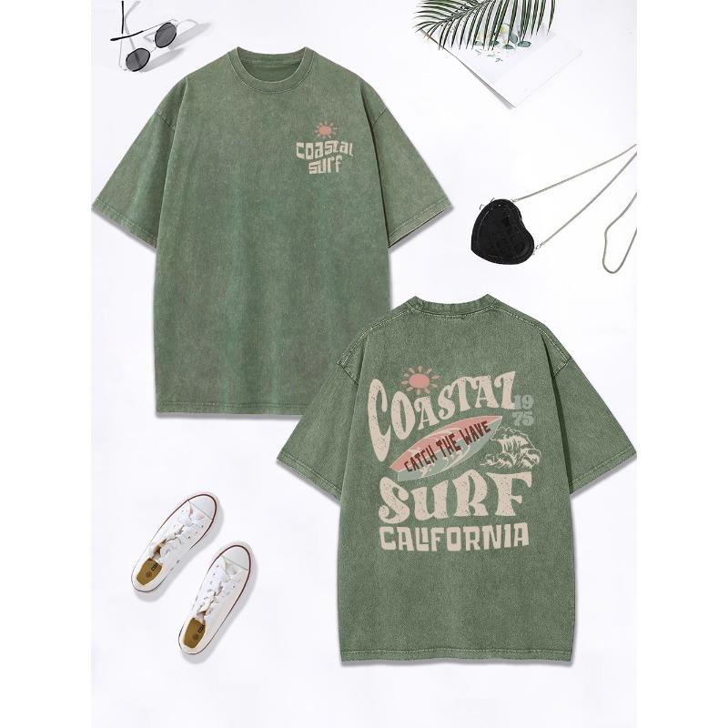 Coastal Surf Catch The Wave California Prints Washed T-Shirt Women Cotton Oversize Tops Distressed O-Neck T Shirt Summer Clothes S