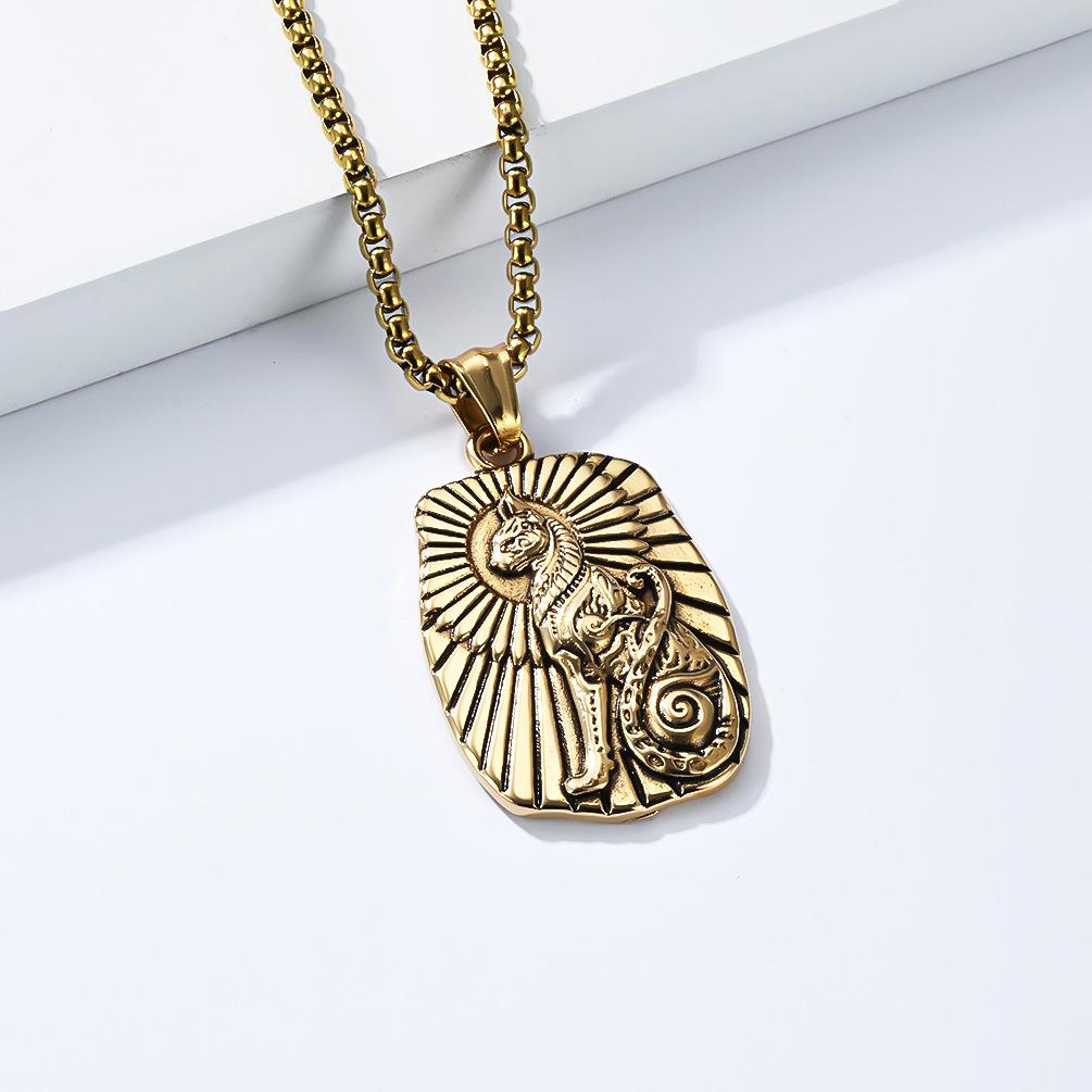 Street Fashion Ancient Egyptian Cat God Bast Necklace for Men, Artistic Vintage Titanium Steel Pendant