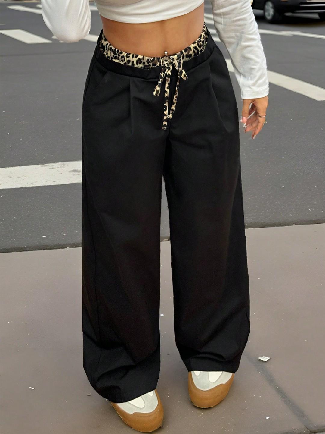 

European and American Casual Women s Drawstring Color-Block Wide-Leg Floor-Length Pants with Pockets Large