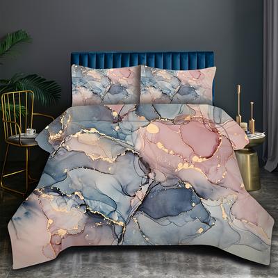 Sky Blue And Pink Mixed Mottled Marble Imitation Marble Craft Theme Quilt Cover Set Zipper Design Machine Washable