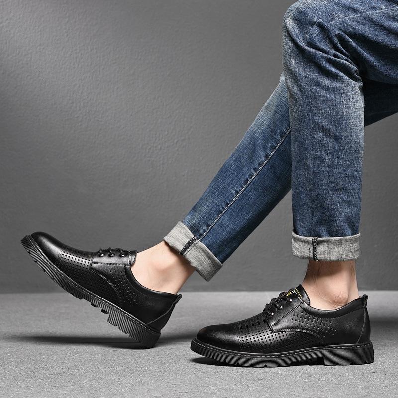 Summer New Youth Tooling Shoes Men's Trendy Casual Simple Hollow Mesh Leather Shoes Breathable Leather Men's Hole Shoes
