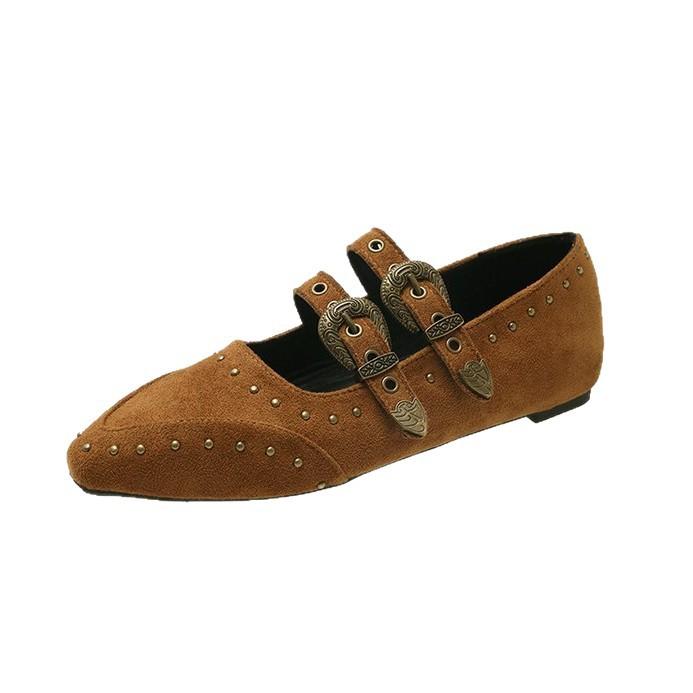 Soft leather version~ retro punk style inner height increase double buckle with rivets suede Mary Jane shoes fashionable shallow mouth small single sh