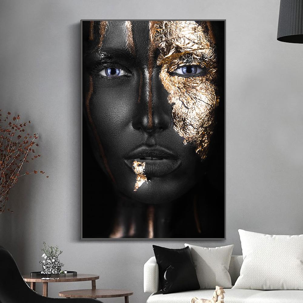 African Woman Canvas Poster Gold Foil Mask Jewelry Decorative Painting Living Room Wall Painting for Modern Home Decor Painting