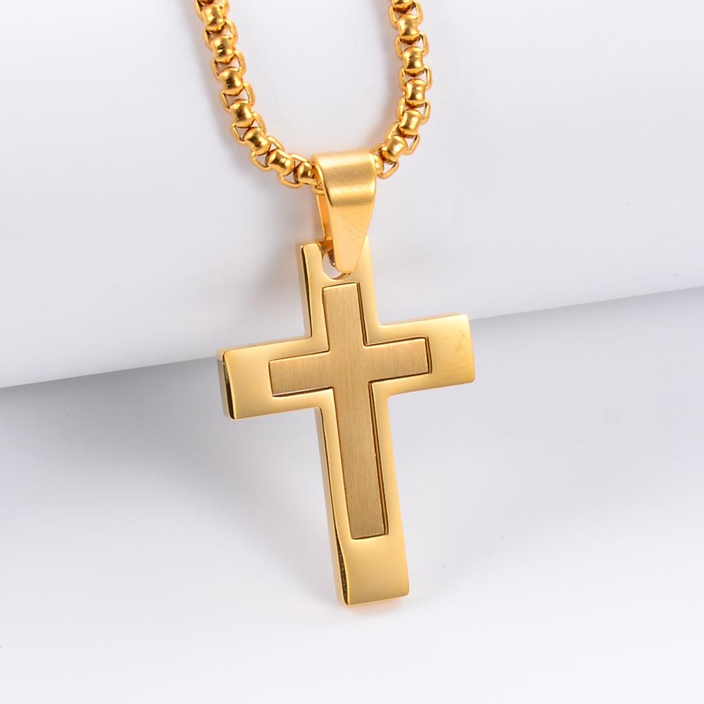 Fashion Hip Hop Stainless Steel Classic Punk Pray Cross Pendant for Men Women Silver/Gold Color Box Chain Jewelry Gifts