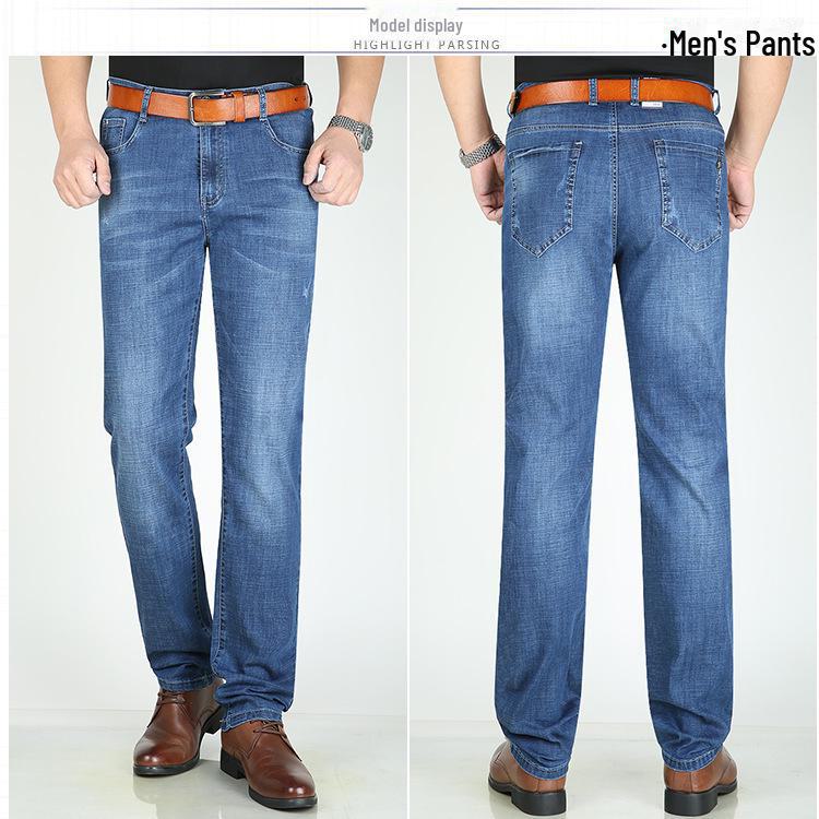 Men's High-Quality Cotton Elastic Waist Straight-Leg Jeans for Summer - Business Casual Solid Color Pants