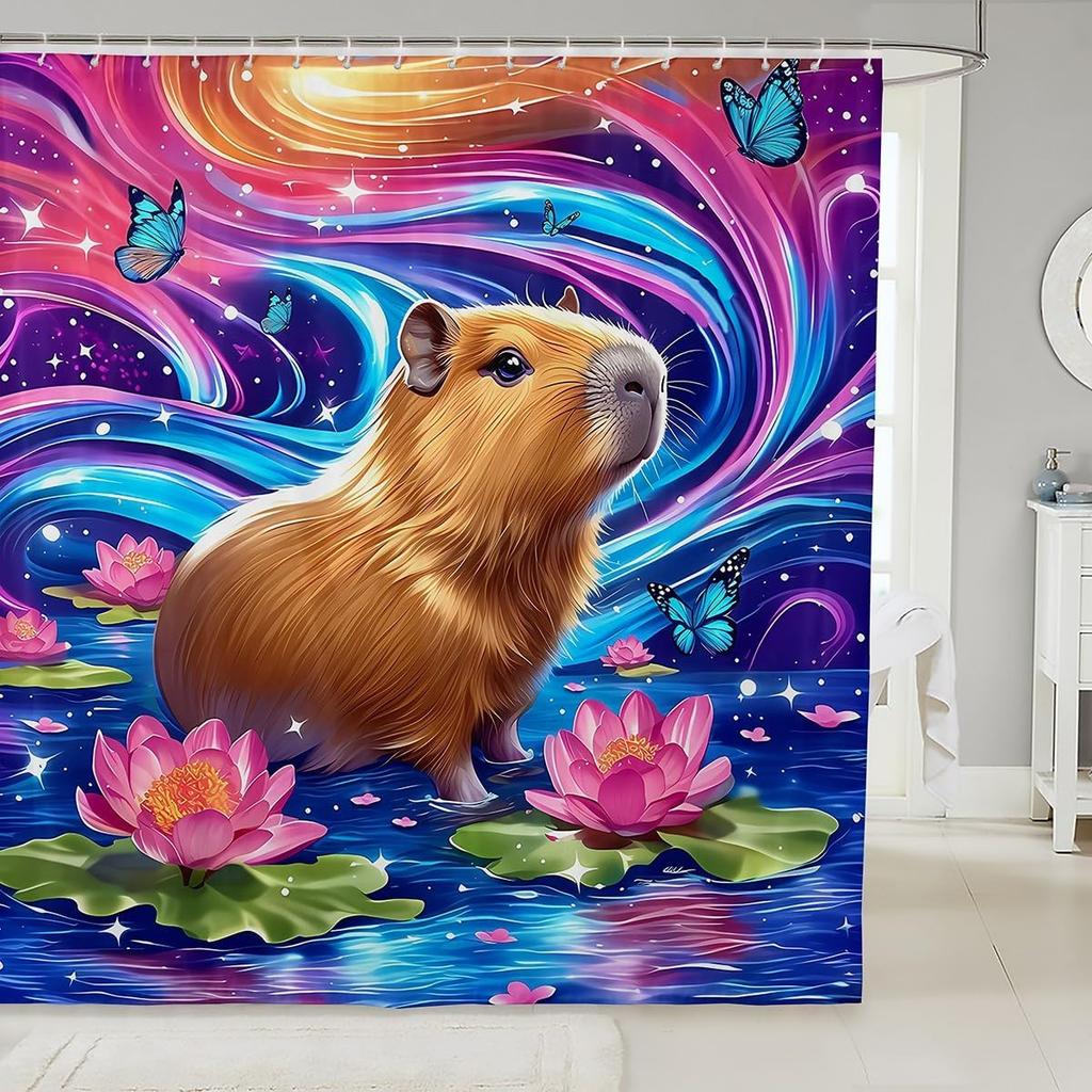 Kids Cute Capybara Shower Curtain for Bathroom Decor Japanese Cherry Blossoms Flowers Bath Curtain for Boys Girls Teens Cartoon