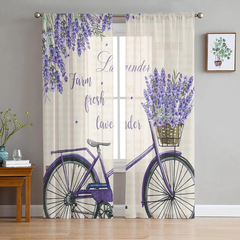 Farm Purple Fresh Flower Lavender Bicycle Tulle Window Curtains Living Room Bedroom Voile Decoration Sheer Made Of Polyester Sitting Decor