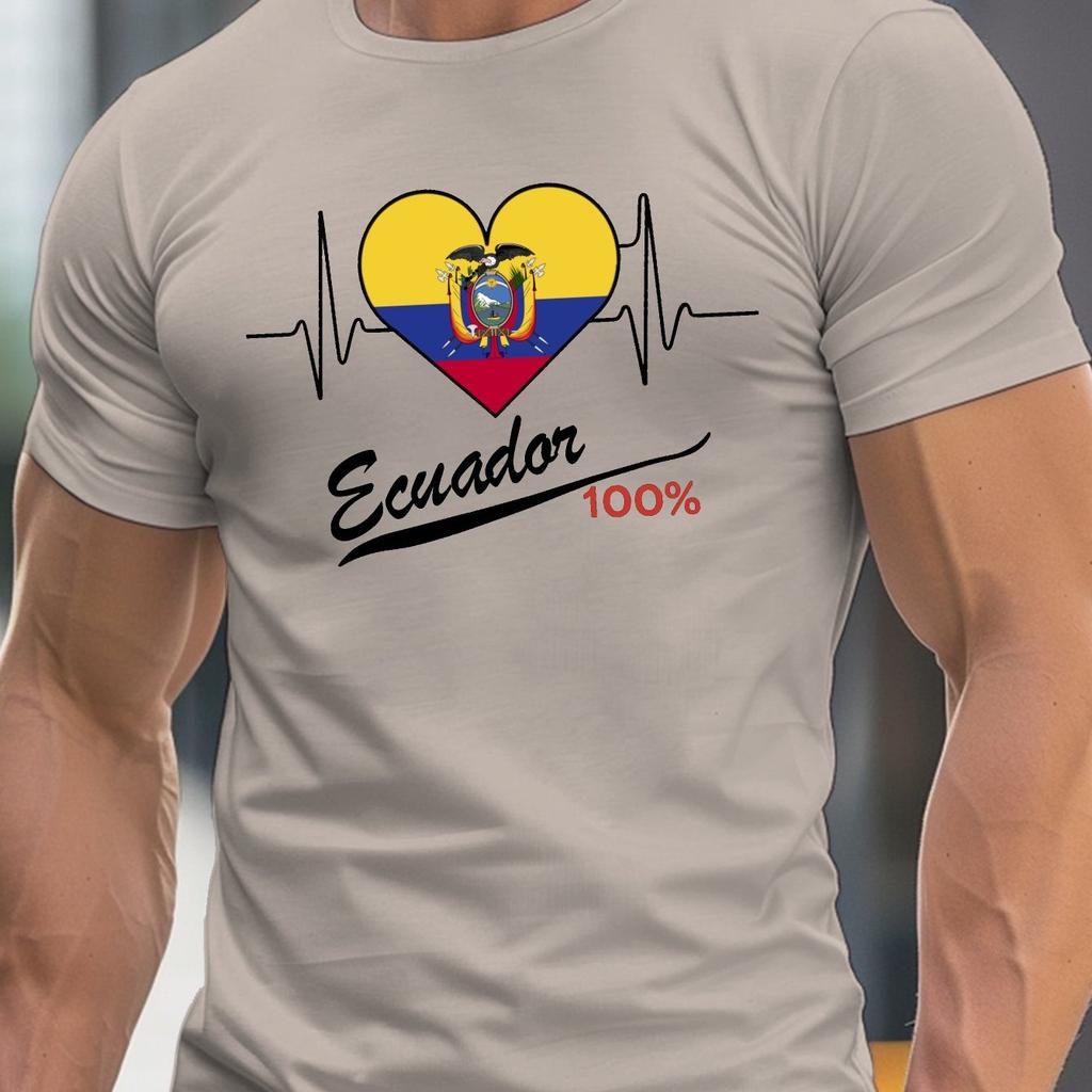 Ecuador Flag Heartbeat Love Mens Graphic Cotton Crew Neck Short Sleeve T Shirt Casual Summer Tee