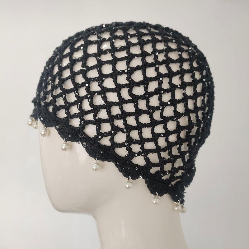 Portable Pearl Fringed Hollowed Out Woven Beanies Retro Pullover Hat for Travel Winter Essentials