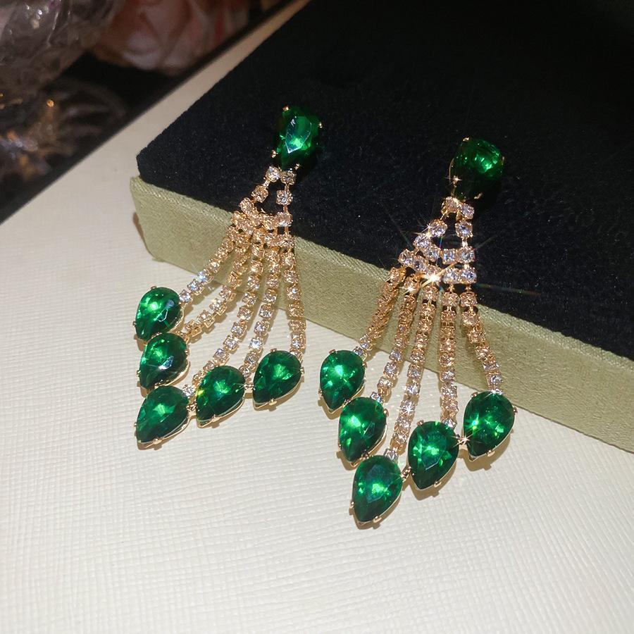Emerald diamond leaf fringed earrings light luxury stud earrings women's European and American earrings