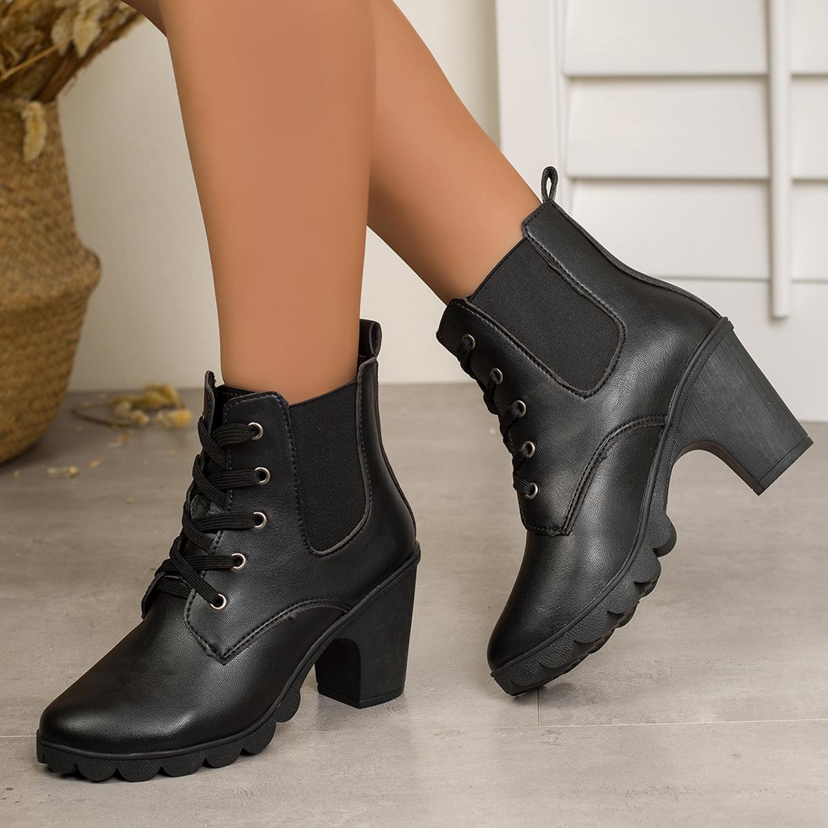 

Sexy Lace Up High Heel Ankle Boots Women Autumn Fashion Black Round Toe Chelsea Boots Chunky Platform Women s Boots 36