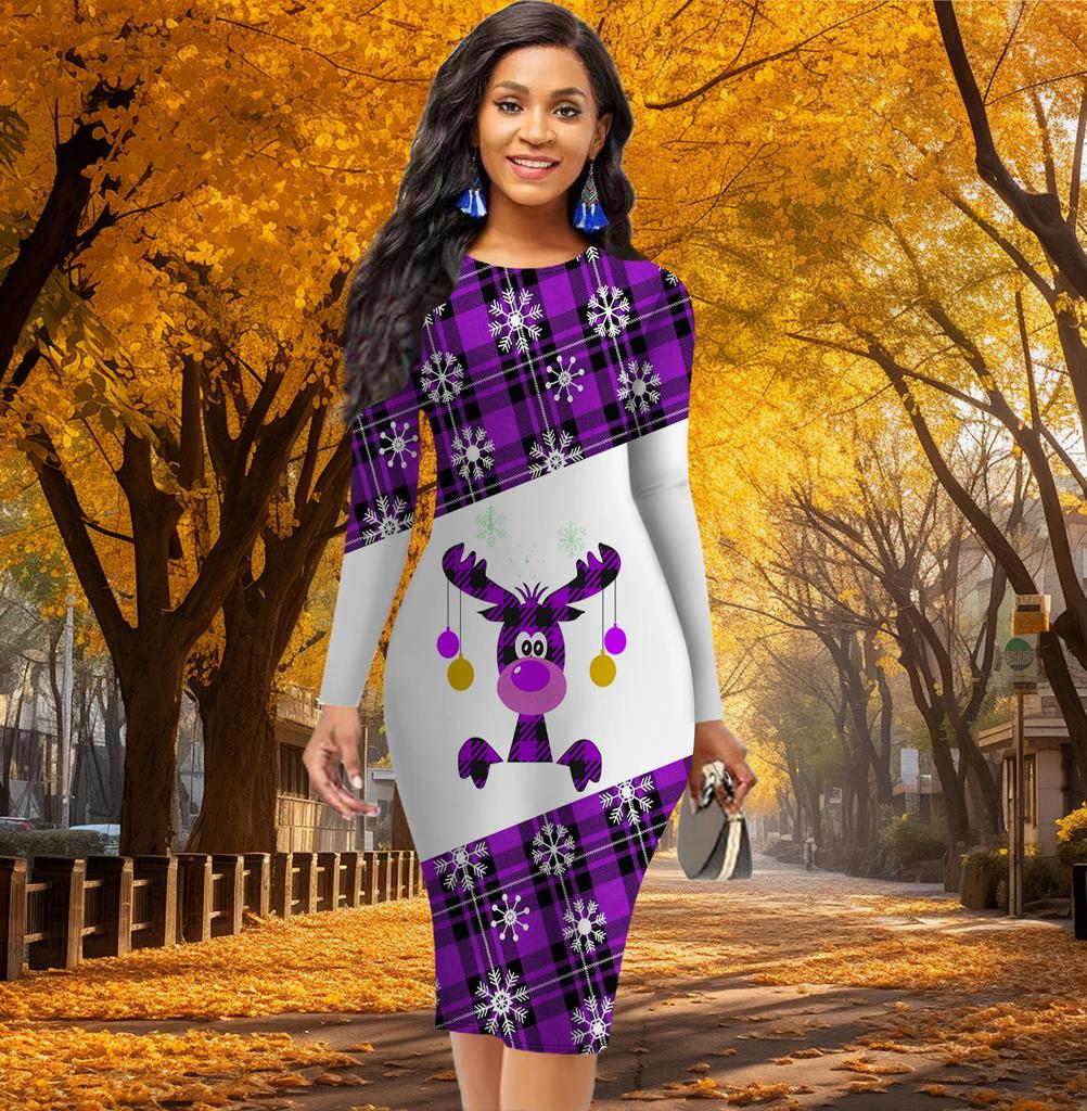Long Sleeve Waist Tight Office Slim Fit Cartoon Animals Printing Elegant Bodycon Dress