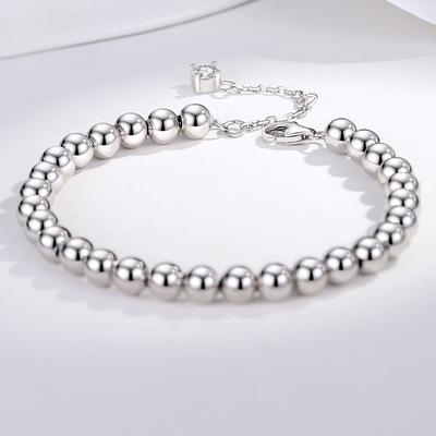 S925 Sterling Silver Bracelet for Women, Korean Version of Classic Glossy Buddha Beads, Round Beads, 30 Points Moissanite Bracelet