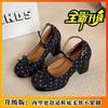 New Chinese Style With Mary Jane Shoes Polka Dot Cloth Thick High Heel Bow One Word Strap Round Head Version Women