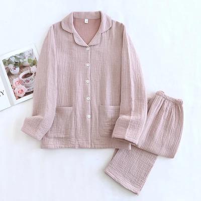 2026 Neues Paar-Pyjama-Set 100% Baumwolle Damen Kragen Langarm Lange Hose Einfarbig Zweiteiliges Hausset Pijamas