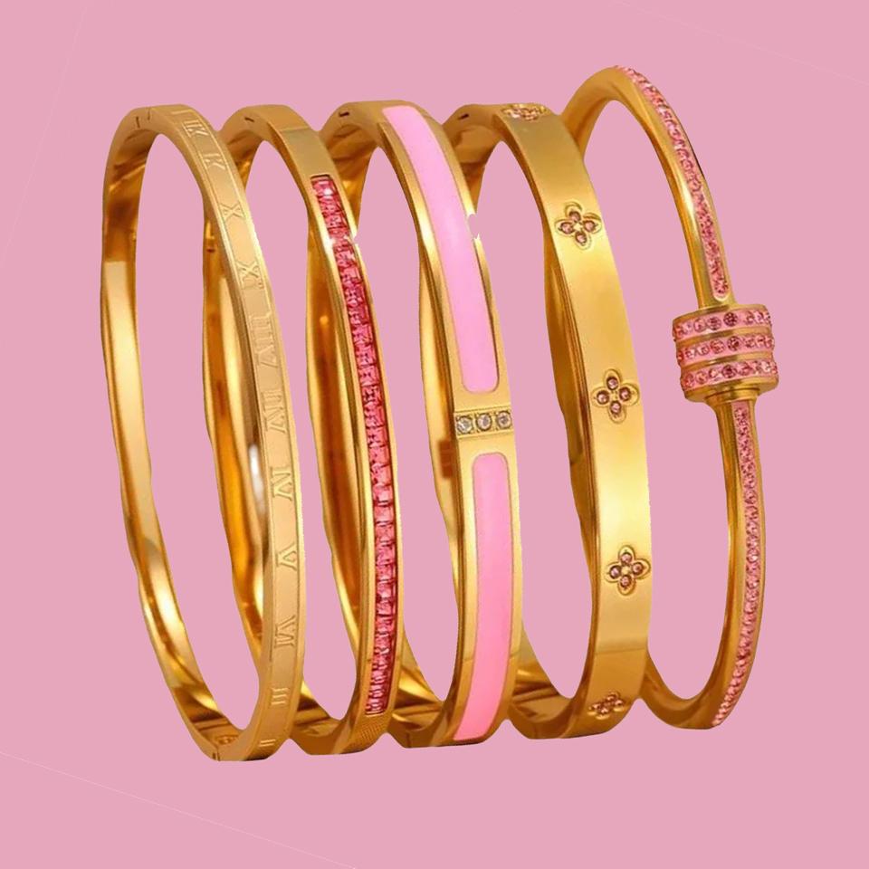 New Buling Pink Crystal Zirconia Stainless Steel Bracelet for Women Versatile Stackable Jewelry Waterproof Bangle Gift