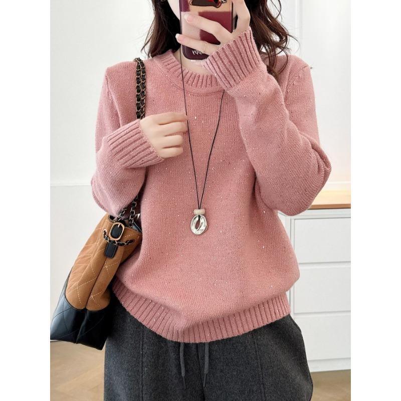 Plus Size Women Long Sleeve Sequin Crew Neck Pullover Winter Bottoming Sweater