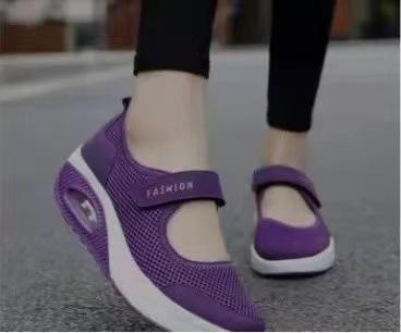 Large size single shoes women's new air cushion low-top Velcro light mouth single shoes solid color mesh women's shoes