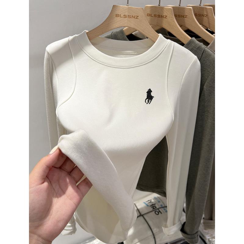 Korean Dongdaemun Embroidered Little Horse Velvet Lined Round Neck Women's T-shirt, Long Sleeve Autumn/Winter Top