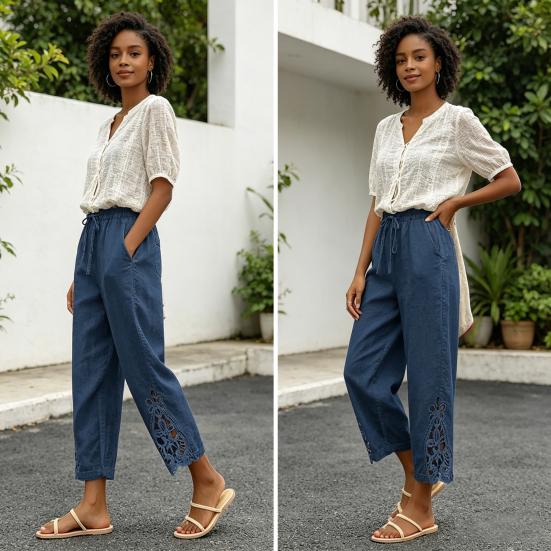 Women Pants, Drawstring Adjustable Waistband High Waist Summer Pants, Pure Color Loose Fit Casual Trousers for Travel Work School Daily Wear