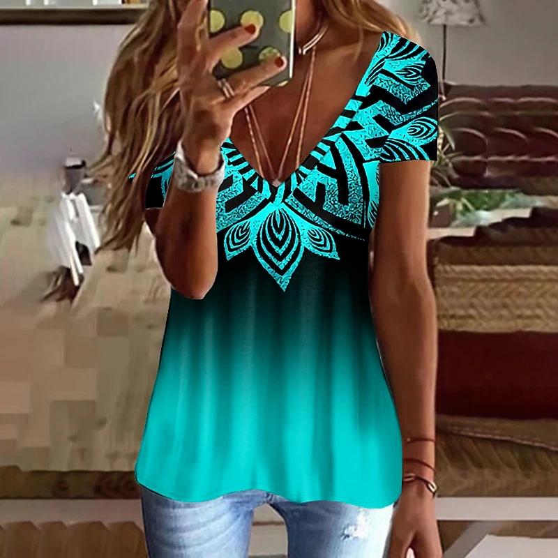 Summer V-neck 3D Printed Top Fashionable Casual Short Sleeved Women's T-shirts