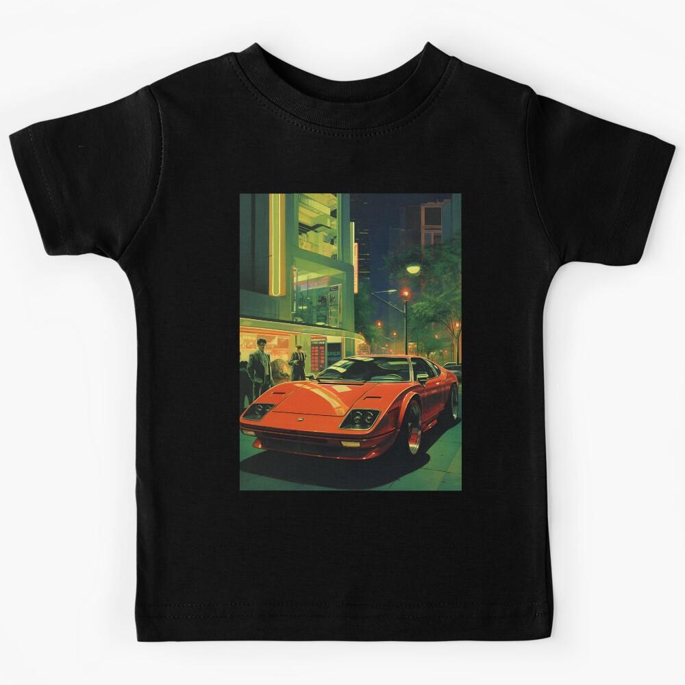 Retro Futuristic Red Sports Car and Night City Street Kids T-Shirt 110