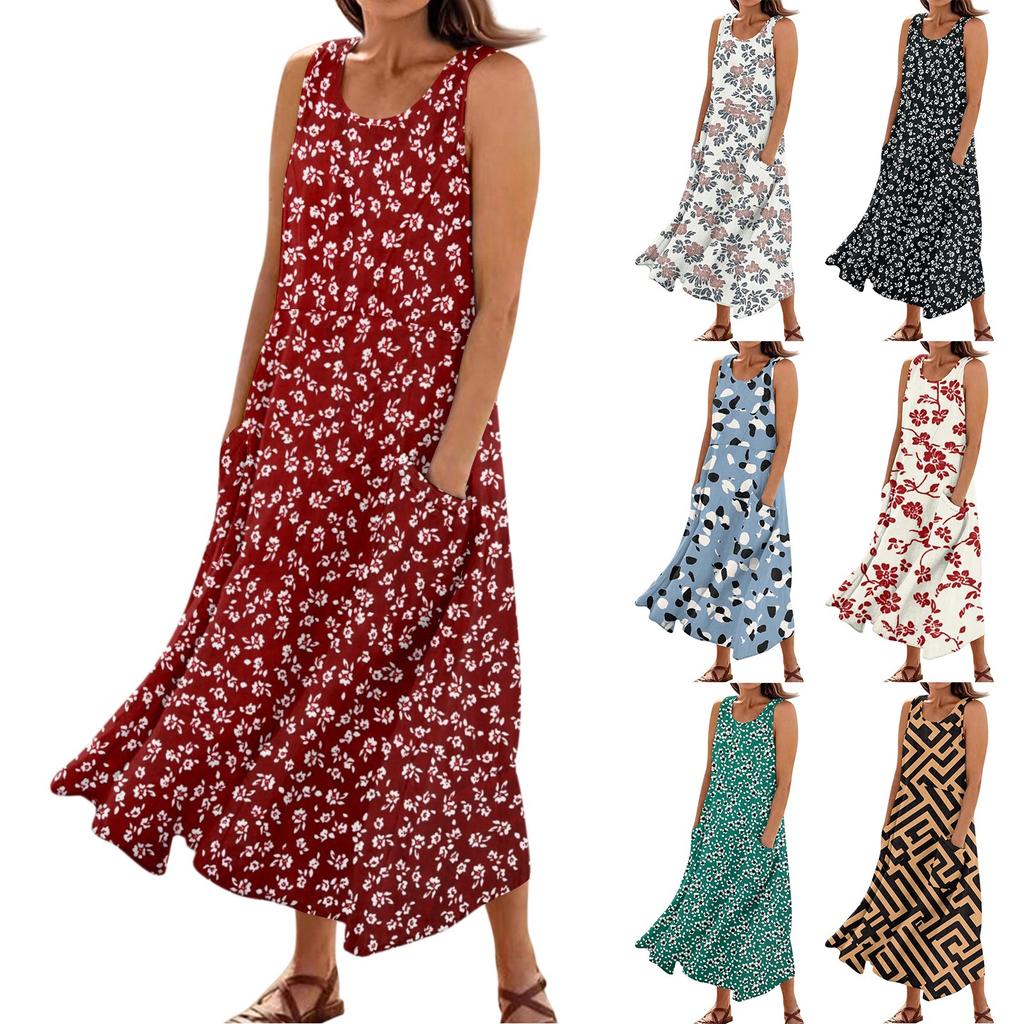 Women's Summer Casual Fashion Flower Printed Sleeveless Pocket Dress