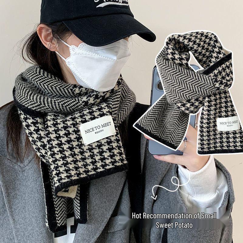 Korean Style Houndstooth Plaid Scarf - Versatile, Warm, Double-Sided for Autumn and Winter