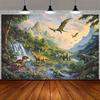 Classic Jurassic Dinosaur Jungle Backdrop Waterfall and Mountain Scene Background Cloth for Kids Room Decor