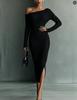 2026 European & American Women's One-shoulder Long Sleeve Slim Wool Dress - Autumn/Winter