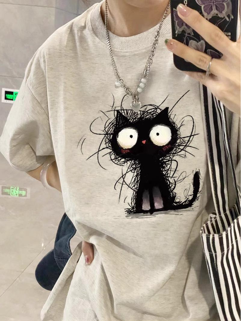 

2025 Женская футболка свободного покроя из хлопка: Американский стиль, короткий рукав, свободный крой L (101-115 lbs) белый/серый