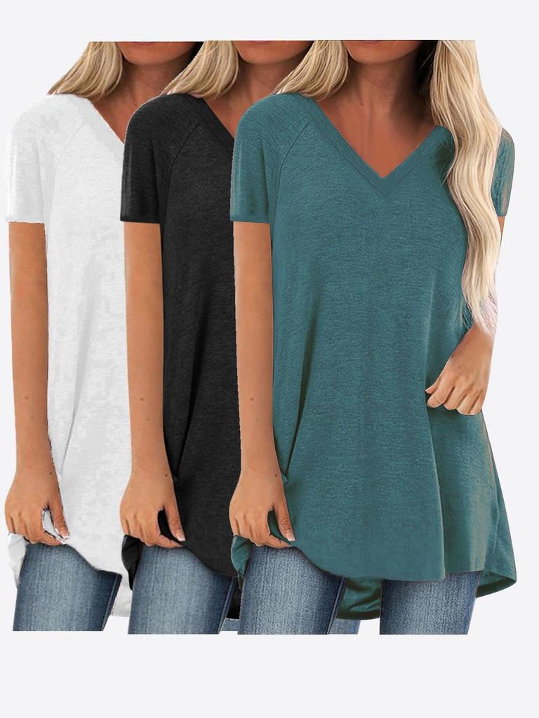Women's V-Neck Swallowtail Short-Sleeved T-Shirt Set - 3 Pieces, Daily Casual Wear