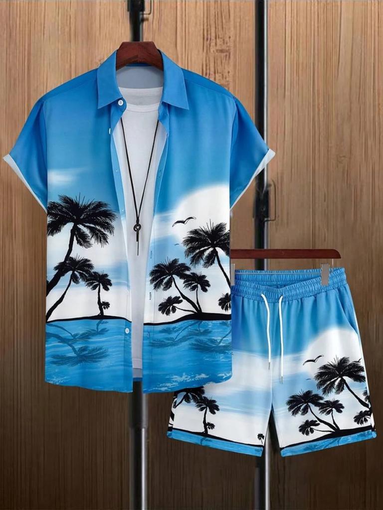 Summer Everyday Men's Sports Shorts Seaside Resort Men's Casual Shirt Men's Hawaiian Short Sleeve Shirt And Beach Shorts Set