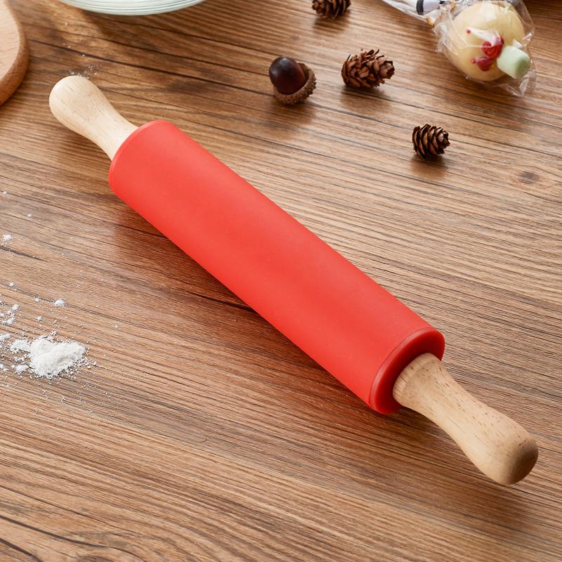 Voedselveilige Antiaanbak Siliconen Deegroller met Houten Handvatten – Hittebestendige Deegroller voor Huishoudelijk Gebruik