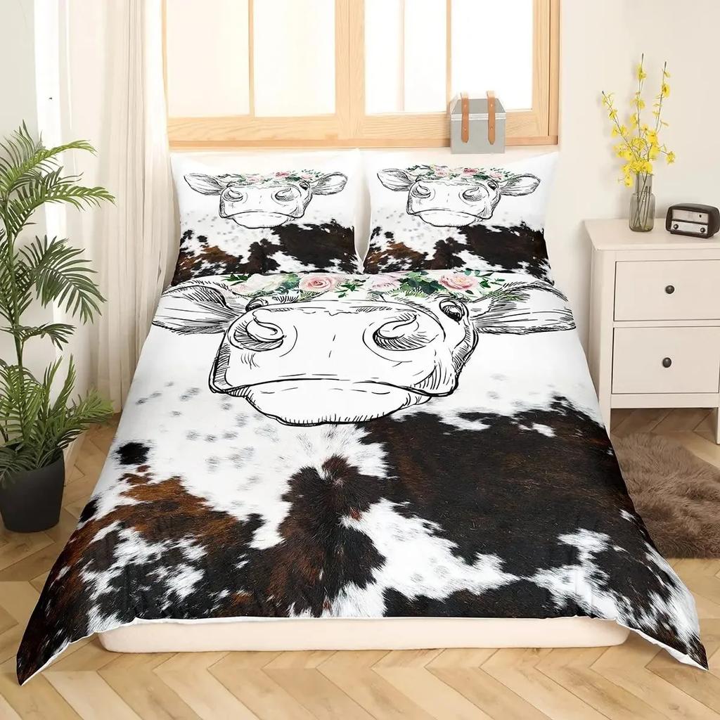 Cowhide Duvet Cover Set,Brown Cow Leopard Print,Western Rustic Farmhouse Farm Animals Bedding Sets Highland Cow Comforter Cover