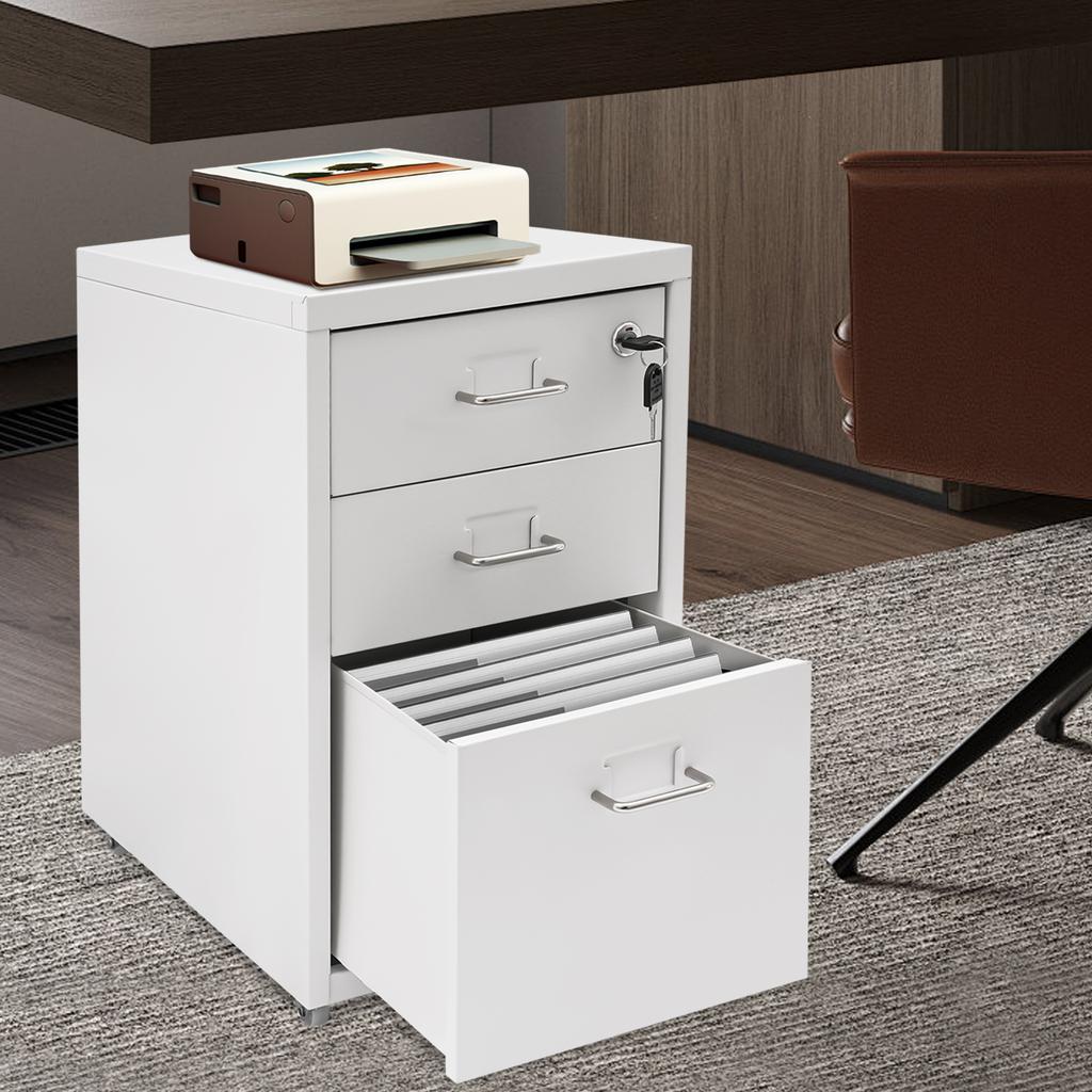 3-Drawer Metal File Cabinet W/ Wheels & Lock, White Office Storage Cabinet, Vertical Rolling File Organizer, Mobile File Drawer