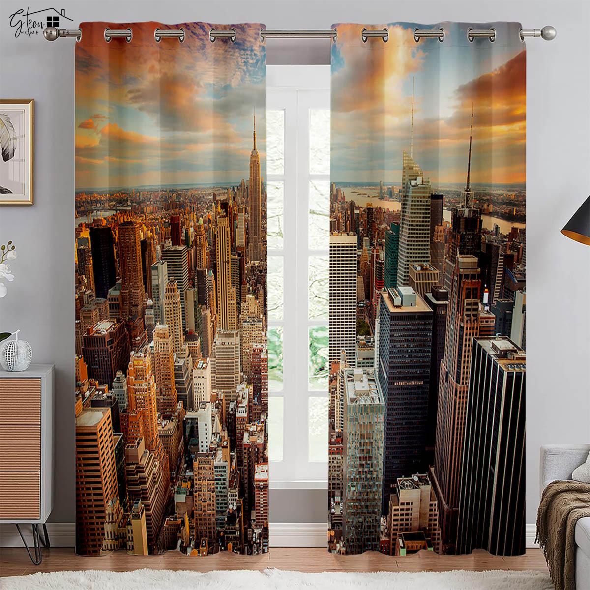 

City Building Three D Printed Curtain Panels Street View Sunset Night View Neon Hand Painted High Quality Light Blocking Heat Insulation Curtains W100xH130(CM) folio&Grommet Top