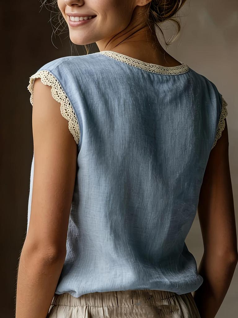 2026 Damen Retro Lockeres Ärmelloses Leinenhemd mit Spitzen-Patchwork