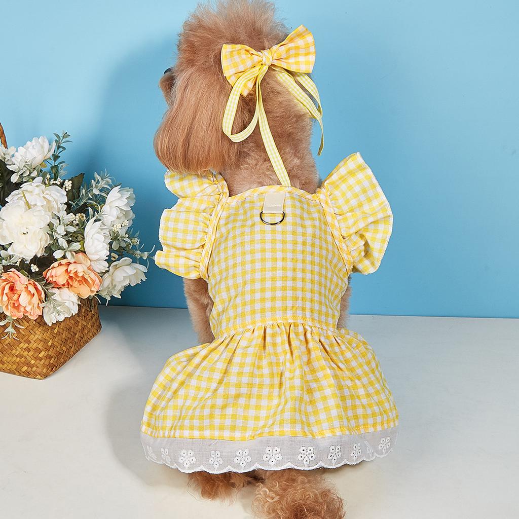 Summer Dog Clothes Bow Sleeve Lace Headdress Ruffled Elegant Dressing-Up Hem Pullover Soft Plaid Dress Pet Cat Two-legged Clothes