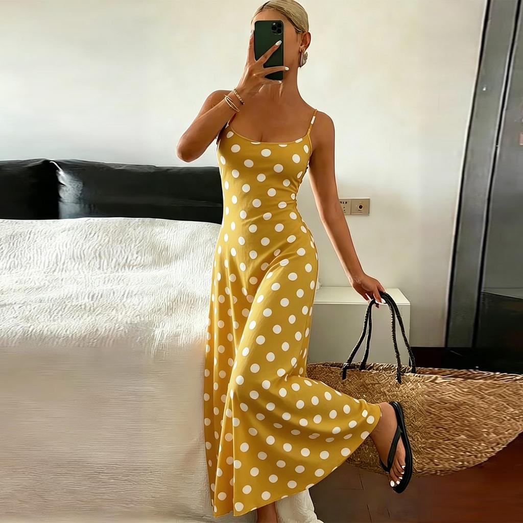 Dámské elegantní maxi šaty s puntíkovaným potiskem, úzkého střihu, na tenkých ramínkách, bez rukávů, letní/jarní outfit