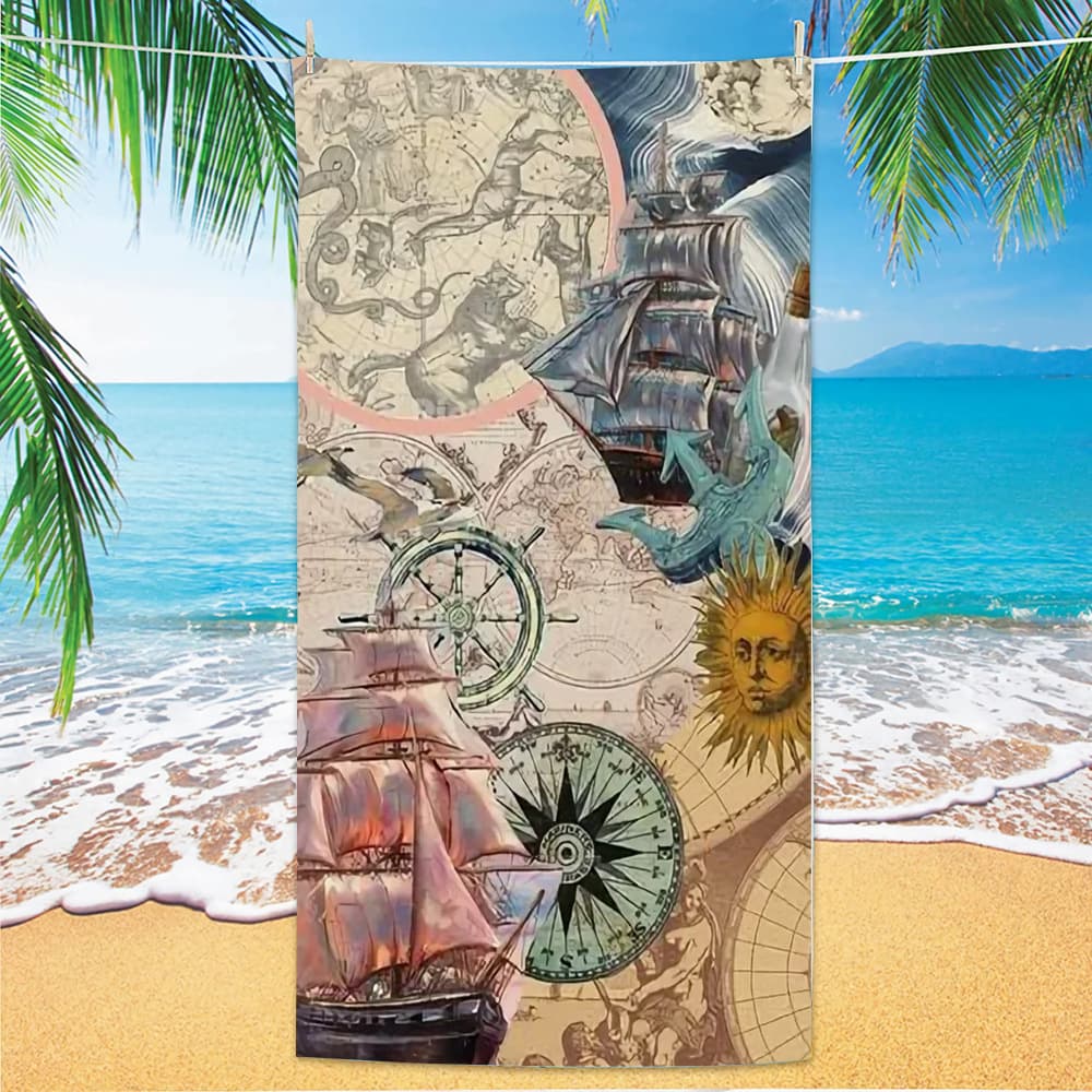 Vintage Nautical Beach Towel - Lighthouse, Compass & Pirate Ship Print, Quick Dry Microfiber for Travel & Pool