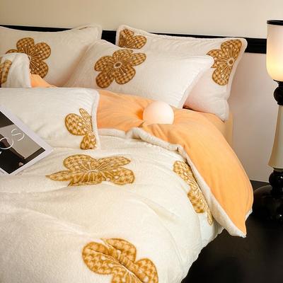Thickened Milk Fleece Bed Four-Piece Set, Fleece Bedding Coral Flannel Quilt Cover, Bed Sheet, Human Bed Hat Three-Piece Set