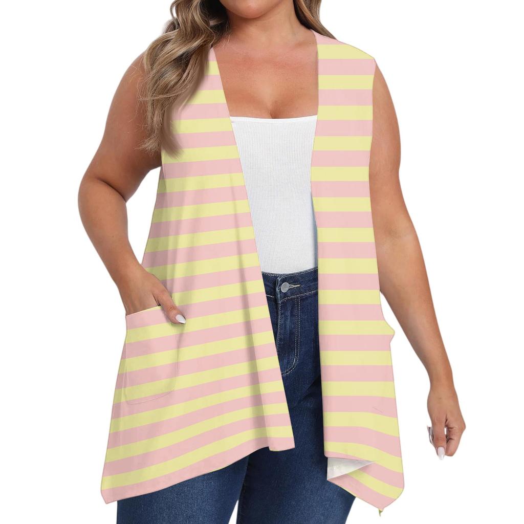 Damen Übergröße Locker Lässig Bedruckt Ärmellos Weste mit Tasche Strickjacke Jacke Strickjacke Jacke