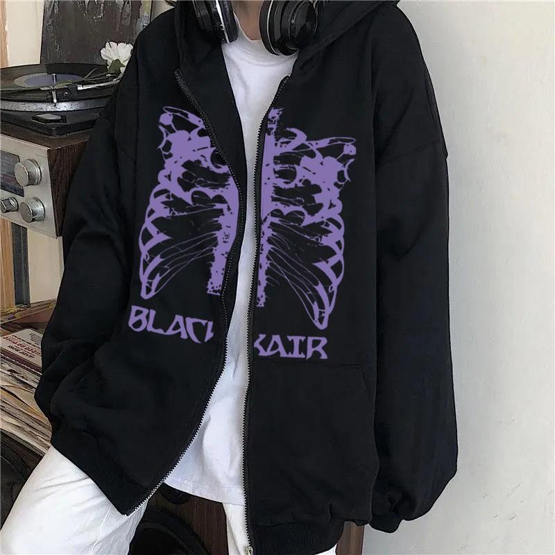 Y2K Skeleton Print Zip-Up Hoodie Womens Oversized Streetwear Sweatshirt 90s Retro Graphic Pullover