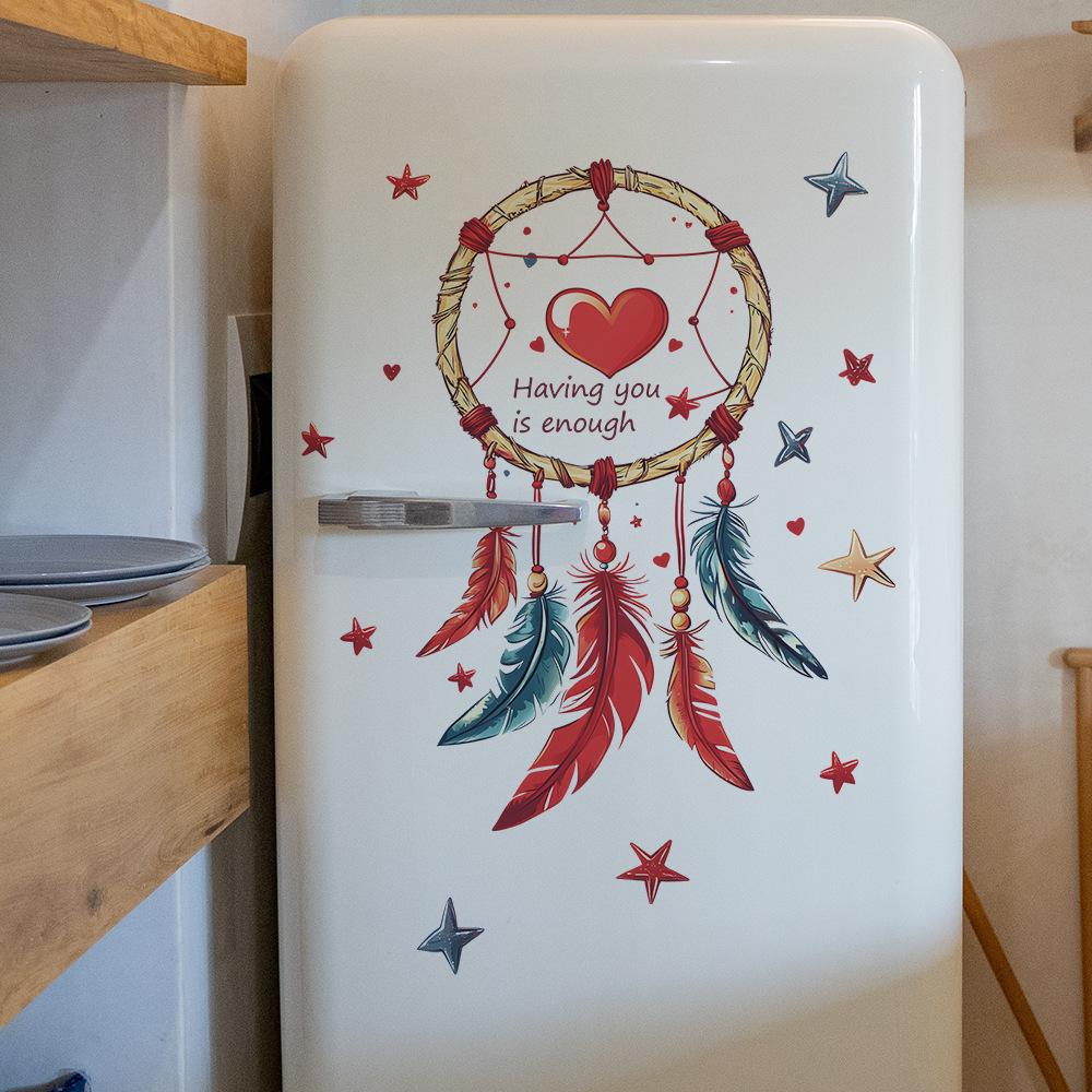 Bohemian Dreamcatcher with Colorful Feathers and Stars Wall Stickers, Whimsical Wall Art for Bedroom, Living Room and Hallway Home Decor