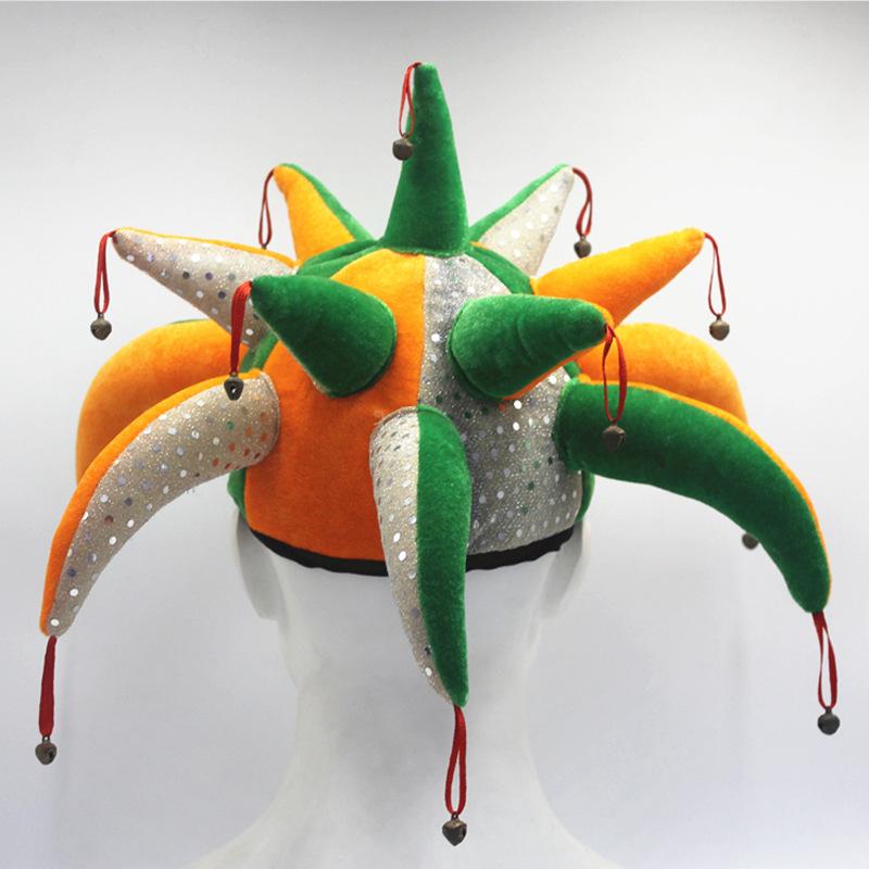 Funny Jester Clown Hat with Bells, Multi-Pointed Carnival Headwear, Colorful Plush Party Accessory for Halloween and Cosplay