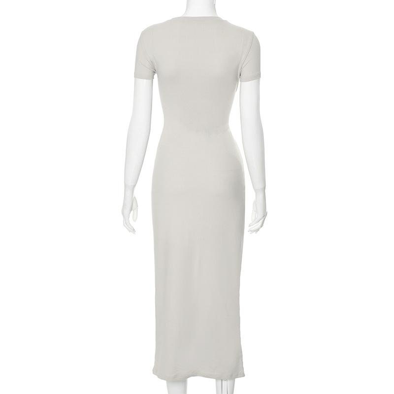 2024 Summer High Waist Long Dress For Women Short Sleeve Slim O Neck Basic Dresses Female Party Temperament Evening Elegant Solid Dress Femme