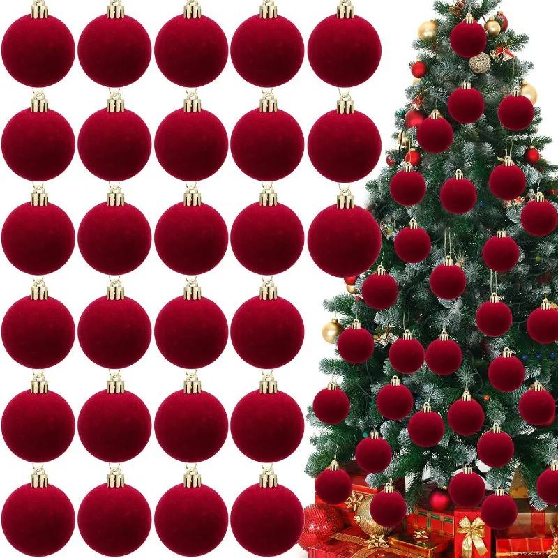12/24pcs Christmas Decorative Ball 6cm Vintage Wine Red Velvet Decorative Ball Christmas Ball Pendant Festival Party Decoration
